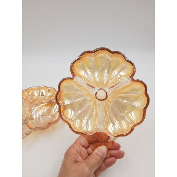 Jeannette Glass Marigold Iridescent Carnival Glass Doric Clover Leaf Candy Dish - Picture 5 of 8